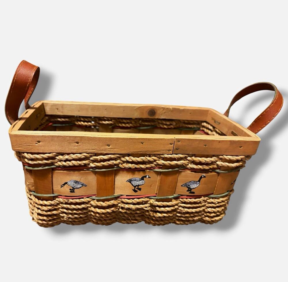Vintage Goose Basket Woven Wood Leather Handles Folk Art Country Decor